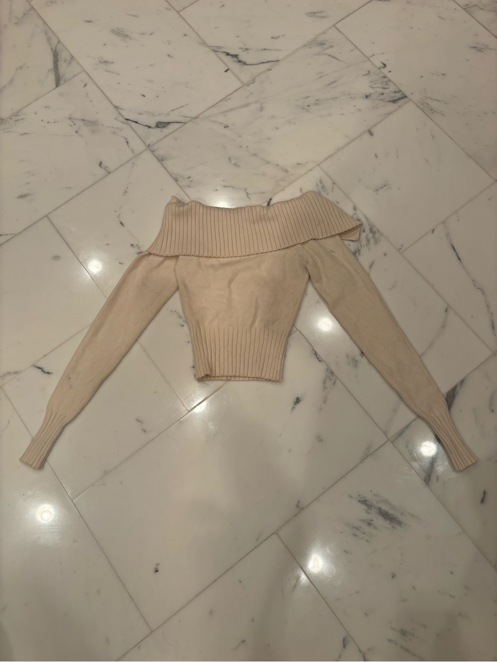 Off-Shoulder Cream Ribbed Sweater Top - Picture 6 of 9